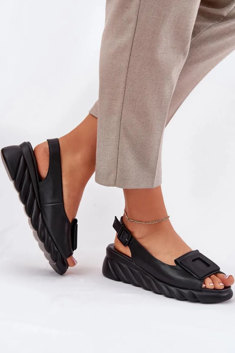 Skórzane Sandały Damskie Na Koturnie z Ozdobą 56C2156 Czarne Damskie Sandały Na Koturnie|Sandały Z Cholewką