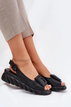 Skórzane Sandały Damskie Na Koturnie z Ozdobą 56C2156 Czarne Damskie Sandały Na Koturnie|Sandały Z Cholewką