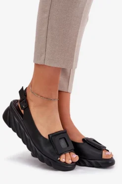 Skórzane Sandały Damskie Na Koturnie z Ozdobą 56C2156 Czarne Damskie Sandały Na Koturnie|Sandały Z Cholewką