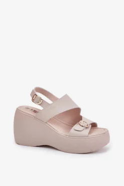 Online Damskie buty S.Barski Skórzane Sandały Damskie Na Koturnie I Platformie S.Barski LR51-540 Beżowe Beżowy