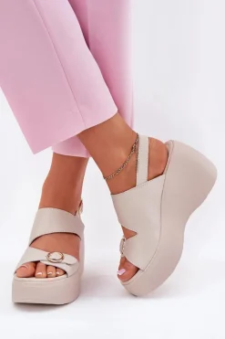 Online Damskie buty S.Barski Skórzane Sandały Damskie Na Koturnie I Platformie S.Barski LR51-540 Beżowe Beżowy