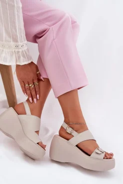 Online Damskie buty S.Barski Skórzane Sandały Damskie Na Koturnie I Platformie S.Barski LR51-540 Beżowe Beżowy