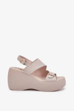 Online Damskie buty S.Barski Skórzane Sandały Damskie Na Koturnie I Platformie S.Barski LR51-540 Beżowe Beżowy