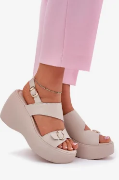 Online Damskie buty S.Barski Skórzane Sandały Damskie Na Koturnie I Platformie S.Barski LR51-540 Beżowe Beżowy