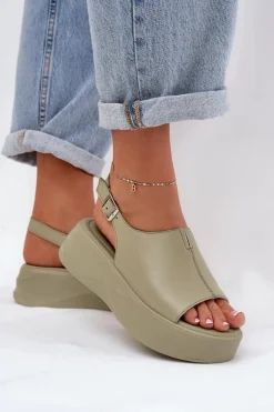 Sandały Płaskie>Damskie buty S.Barski Skórzane Sandały Damskie Na Platformie D&A SJ2301-2 Zielone