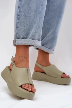 Sandały Płaskie>Damskie buty S.Barski Skórzane Sandały Damskie Na Platformie D&A SJ2301-2 Zielone