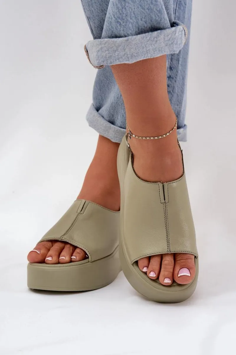 Sandały Płaskie>Damskie buty S.Barski Skórzane Sandały Damskie Na Platformie D&A SJ2301-2 Zielone