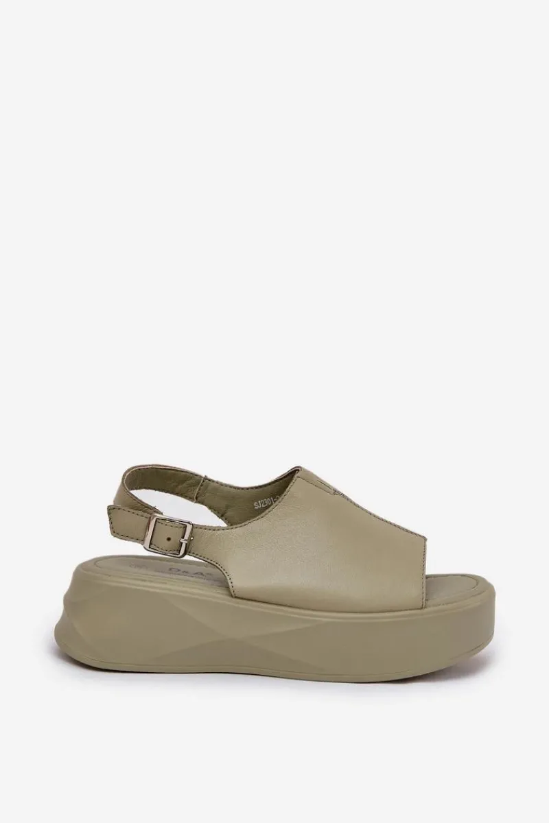Sandały Płaskie>Damskie buty S.Barski Skórzane Sandały Damskie Na Platformie D&A SJ2301-2 Zielone