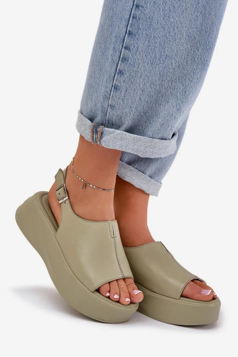 Sandały Płaskie>Damskie buty S.Barski Skórzane Sandały Damskie Na Platformie D&A SJ2301-2 Zielone