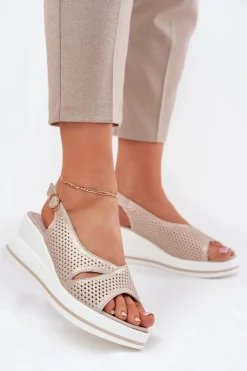 Discount Damskie buty S.Barski Skórzane Sandały Damskie Na Koturnie S.Barski LR51-660 Złote Złoty