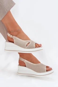 Discount Damskie buty S.Barski Skórzane Sandały Damskie Na Koturnie S.Barski LR51-660 Złote Złoty