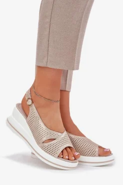 Discount Damskie buty S.Barski Skórzane Sandały Damskie Na Koturnie S.Barski LR51-660 Złote Złoty