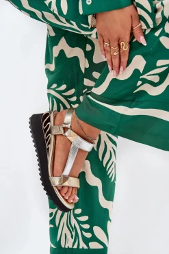 Sale Skórzane Sandały Damskie Na Koturnie D&A CR51-135 Złoto-Srebrne Damskie Sandały Na Koturnie