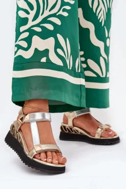 Sale Skórzane Sandały Damskie Na Koturnie D&A CR51-135 Złoto-Srebrne Damskie Sandały Na Koturnie