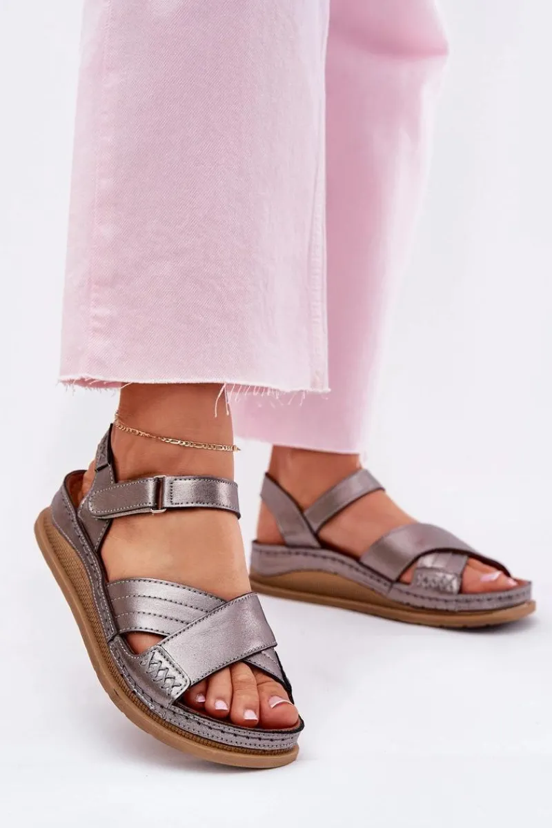 Clearance Skórzane Sandały Damskie Na Platformie L7064-35 Grafitowe Damskie Sandały Płaskie