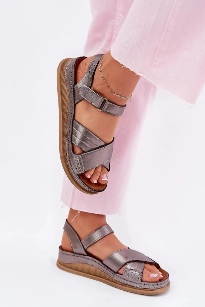 Clearance Skórzane Sandały Damskie Na Platformie L7064-35 Grafitowe Damskie Sandały Płaskie