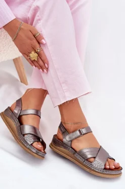 Clearance Skórzane Sandały Damskie Na Platformie L7064-35 Grafitowe Damskie Sandały Płaskie