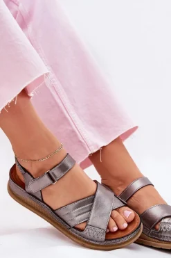 Clearance Skórzane Sandały Damskie Na Platformie L7064-35 Grafitowe Damskie Sandały Płaskie