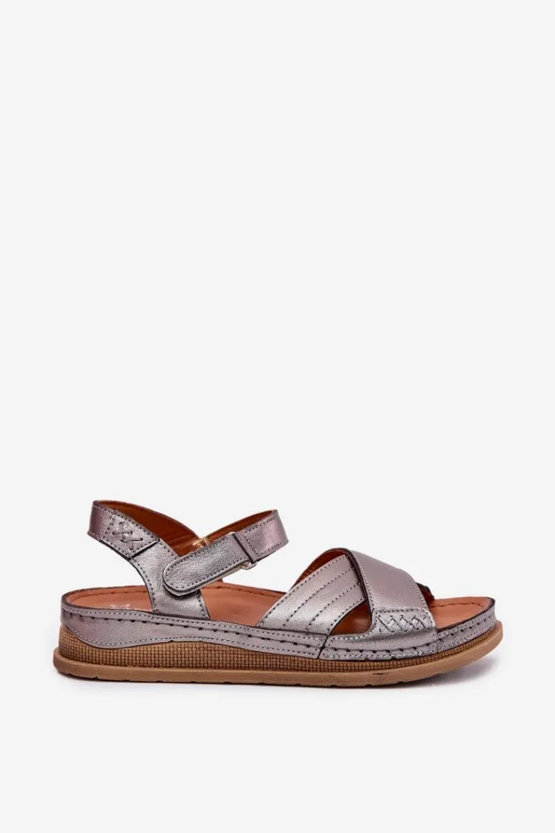 Clearance Skórzane Sandały Damskie Na Platformie L7064-35 Grafitowe Damskie Sandały Płaskie