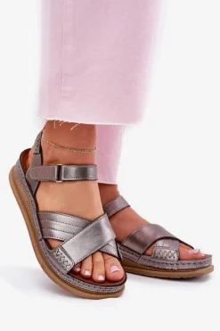 Clearance Skórzane Sandały Damskie Na Platformie L7064-35 Grafitowe Damskie Sandały Płaskie