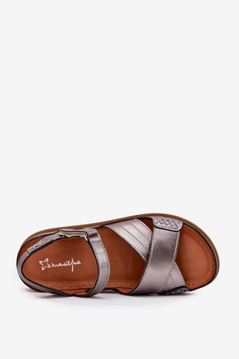 Clearance Skórzane Sandały Damskie Na Platformie L7064-35 Grafitowe Damskie Sandały Płaskie