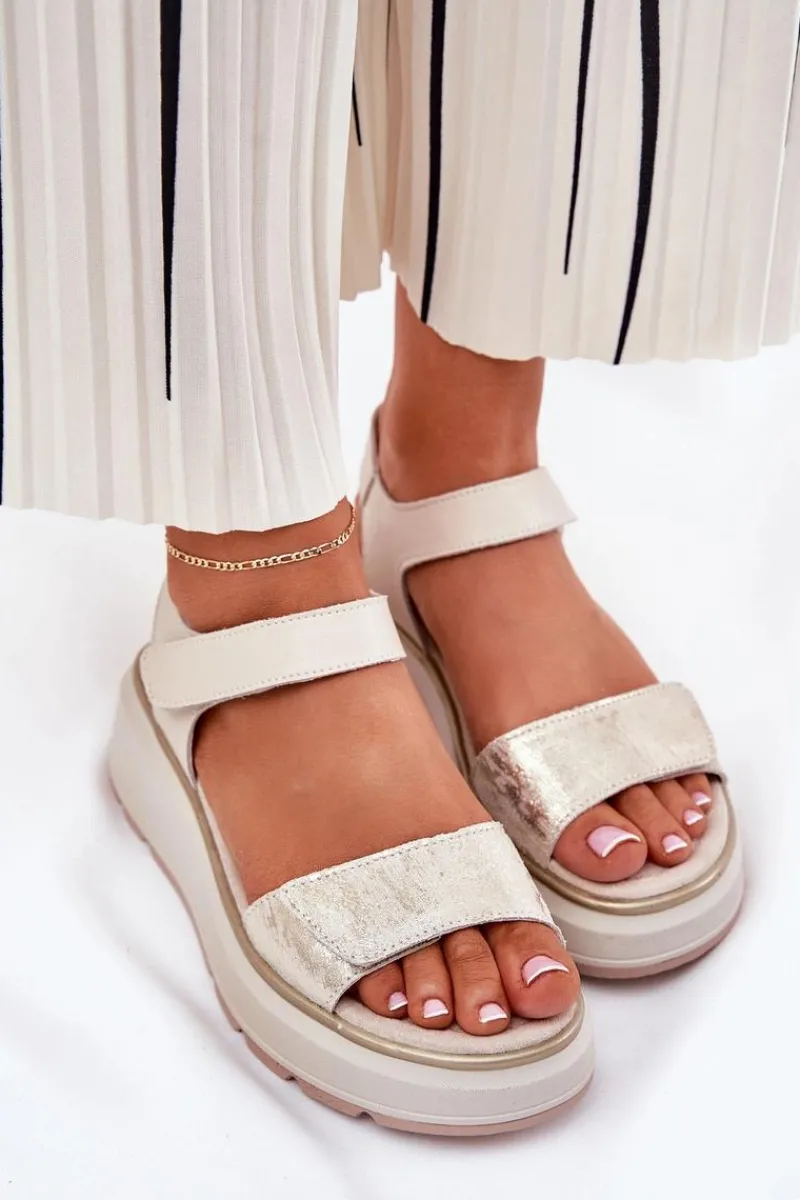 Sandały Na Koturnie>Damskie buty S.Barski Skórzane Sandały Damskie Platformie I Koturnie Na Rzep S.Barski LR51-543 Złote Złoty