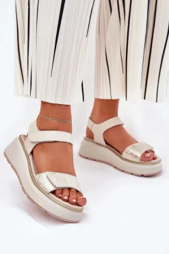 Sandały Na Koturnie>Damskie buty S.Barski Skórzane Sandały Damskie Platformie I Koturnie Na Rzep S.Barski LR51-543 Złote Złoty