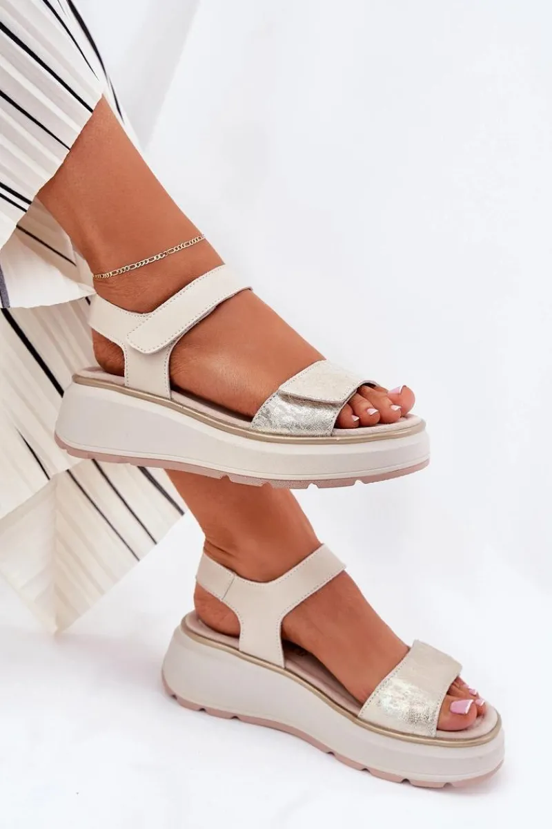 Sandały Na Koturnie>Damskie buty S.Barski Skórzane Sandały Damskie Platformie I Koturnie Na Rzep S.Barski LR51-543 Złote Złoty