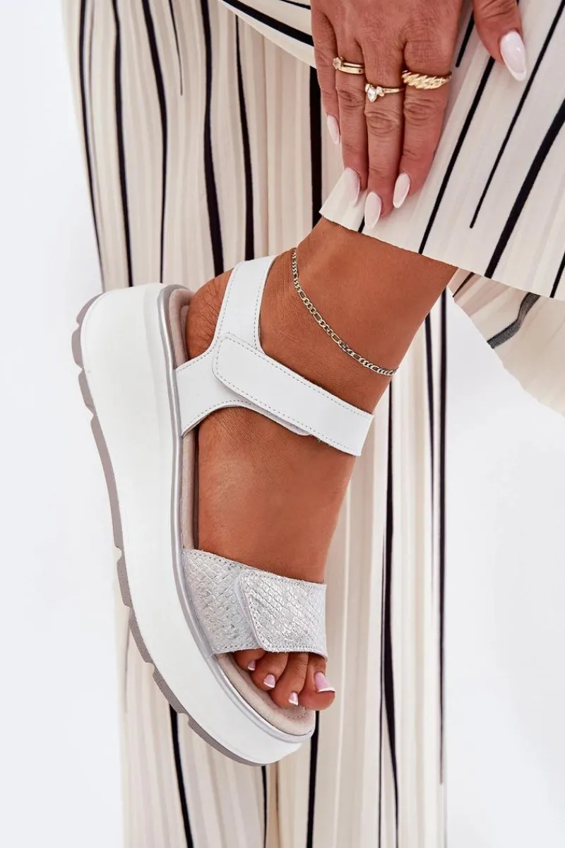 Clearance Damskie buty S.Barski Skórzane Sandały Damskie Platformie I Koturnie Na Rzep S.Barski LR51-543 Srebrne Srebrny