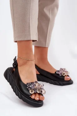 Online Skórzane Sandały Damskie Z Kryształkami 54C1628 Czarne Damskie Sandały Płaskie