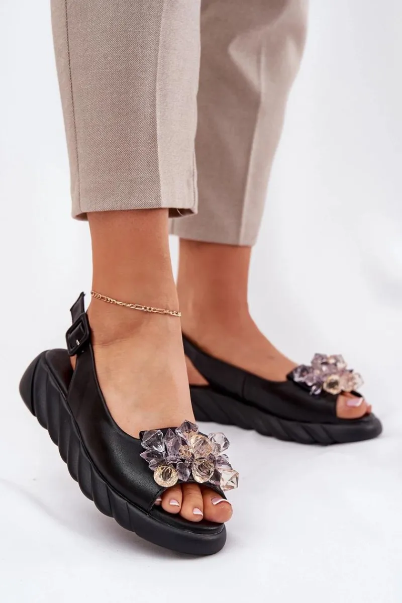 Online Skórzane Sandały Damskie Z Kryształkami 54C1628 Czarne Damskie Sandały Płaskie