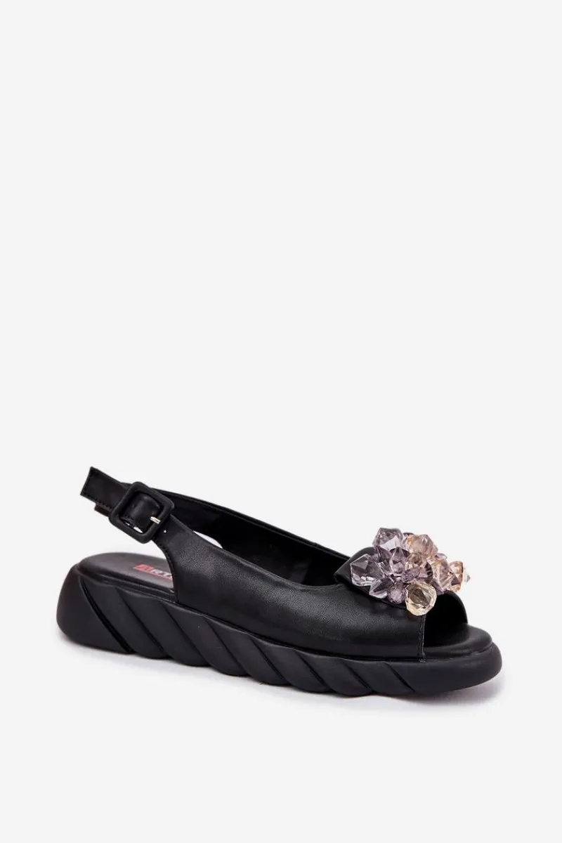 Online Skórzane Sandały Damskie Z Kryształkami 54C1628 Czarne Damskie Sandały Płaskie