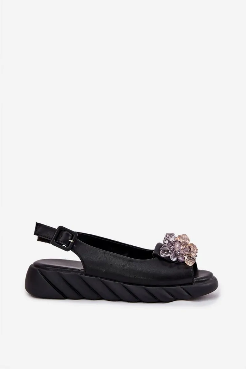 Online Skórzane Sandały Damskie Z Kryształkami 54C1628 Czarne Damskie Sandały Płaskie