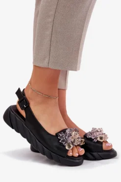 Online Skórzane Sandały Damskie Z Kryształkami 54C1628 Czarne Damskie Sandały Płaskie