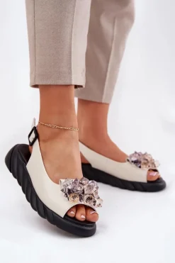 Online Artiker Skórzane Sandały Damskie Z Kryształkami 54C1627 Beżowe Beżowy