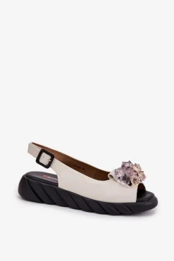 Online Artiker Skórzane Sandały Damskie Z Kryształkami 54C1627 Beżowe Beżowy