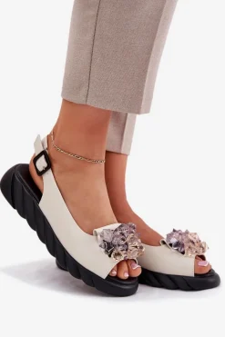 Online Artiker Skórzane Sandały Damskie Z Kryształkami 54C1627 Beżowe Beżowy