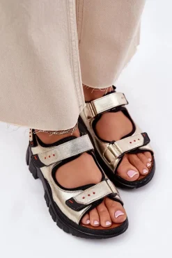 Outlet Skórzane Sandały Damskie Z Rzepami 56C0469 Złote Damskie Sandały Płaskie