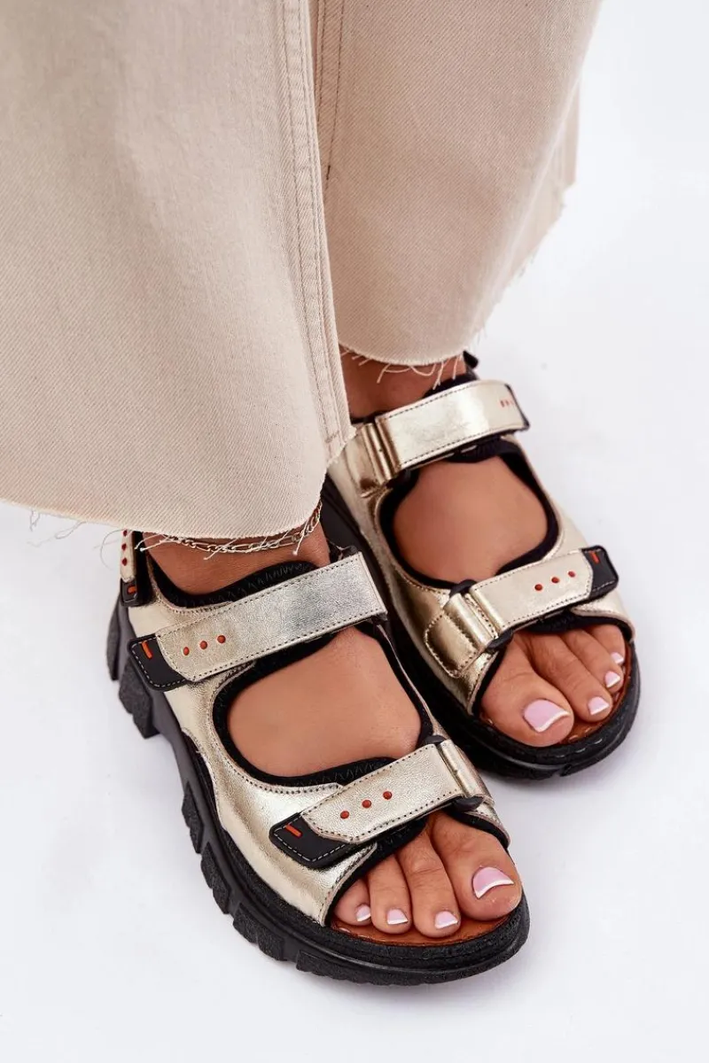 Outlet Skórzane Sandały Damskie Z Rzepami 56C0469 Złote Damskie Sandały Płaskie