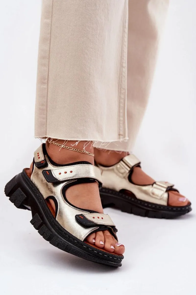 Outlet Skórzane Sandały Damskie Z Rzepami 56C0469 Złote Damskie Sandały Płaskie