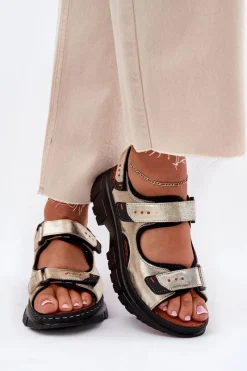 Outlet Skórzane Sandały Damskie Z Rzepami 56C0469 Złote Damskie Sandały Płaskie