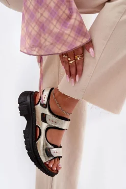 Outlet Skórzane Sandały Damskie Z Rzepami 56C0469 Złote Damskie Sandały Płaskie