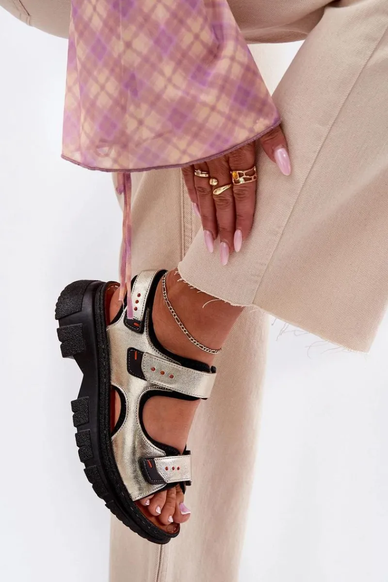 Outlet Skórzane Sandały Damskie Z Rzepami 56C0469 Złote Damskie Sandały Płaskie