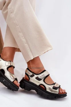 Outlet Skórzane Sandały Damskie Z Rzepami 56C0469 Złote Damskie Sandały Płaskie