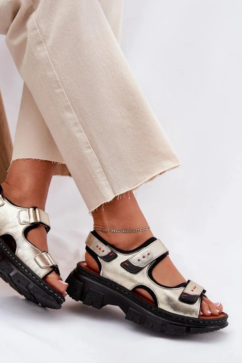 Outlet Skórzane Sandały Damskie Z Rzepami 56C0469 Złote Damskie Sandały Płaskie