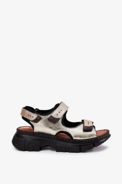 Outlet Skórzane Sandały Damskie Z Rzepami 56C0469 Złote Damskie Sandały Płaskie