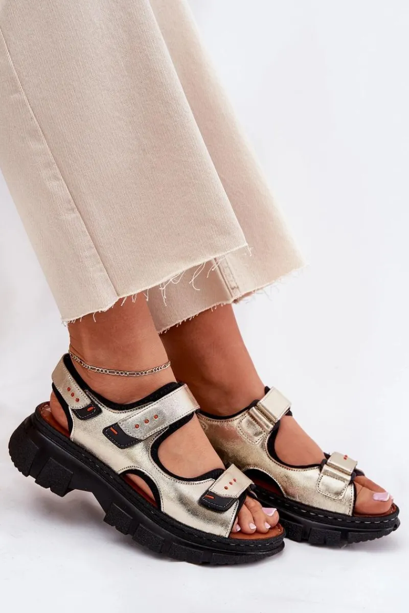 Outlet Skórzane Sandały Damskie Z Rzepami 56C0469 Złote Damskie Sandały Płaskie