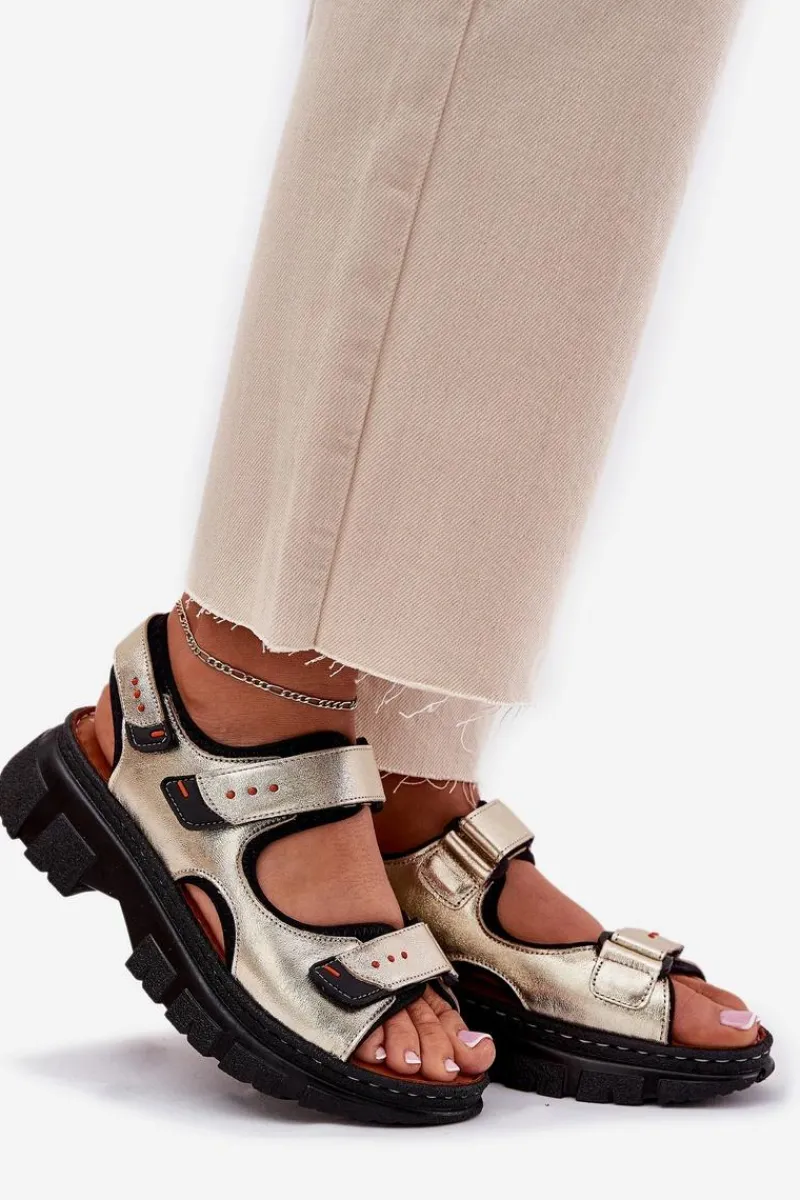 Outlet Skórzane Sandały Damskie Z Rzepami 56C0469 Złote Damskie Sandały Płaskie