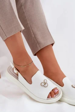 Sale Skórzane Sandały Damskie Z Ozdobą Vinceza 66757 Białe Damskie Sandały Na Koturnie