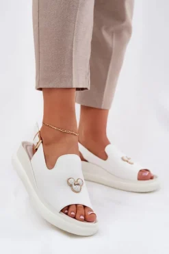 Sale Skórzane Sandały Damskie Z Ozdobą Vinceza 66757 Białe Damskie Sandały Na Koturnie